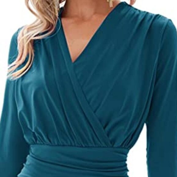 GRACE KARIN Women's Retro Long Sleeve Ruched Wrap Party Pencil Dress - Picture 3 of 8